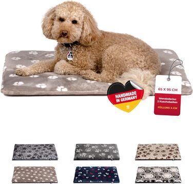 Лежак для собак HS-Hundebett® M 65x95 см, двосторонній, м'який, 3 см наповнювач, для дивану, авто та клітки, лапка, бежевий, вироблено в Німеччині