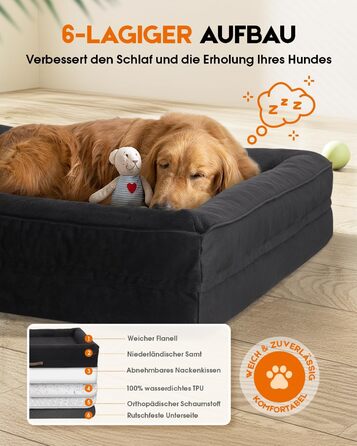 Ортопедичне ліжко для собак XL, корзина для собак, що стирається, з яєцеподібною піною, водонепроникний диван для собак з неслизьким дном та чотиристоронньою подушкою (Чорний, 117x76x19cm)