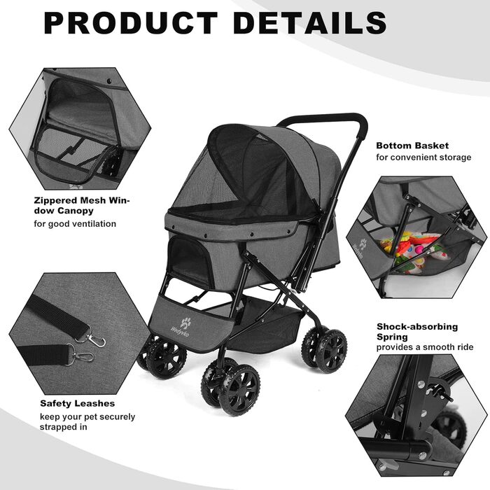 Візок для собак Wedyvko до 20 кг, 4 колеса, складний, для маленьких та середніх собак та котів, з кошиком для зберігання та тримачем для напоїв, зелений (A-темно-сірий)