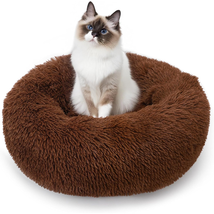 ALLSOPETS заспокійливе ліжко для собак і котів, м'яке плюшеве кругле, для малих і середніх порід, знімний чохол, протиковзка основа, темно-коричневе, 70 см