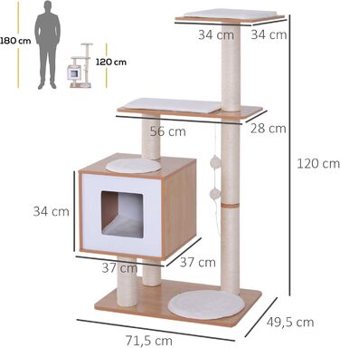 Кігтеточка PawHut для котів з лежаком, інтерактивною іграшкою та сизалевим покриттям, 71.5 x 49.5 x 120 см