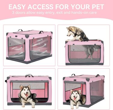 Складаний контейнер Petsfit для собак XL, тканинна переноска з посиленим каркасом, 3 двері, легка для транспортування, рожева