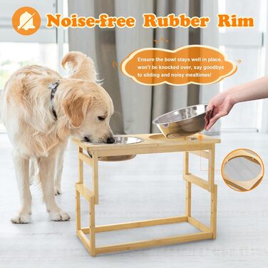Підвищені годівниці для собак великих порід, бамбук, підставка з 2 великими мисками для води та корму, білий колір, об'єм 2.5л