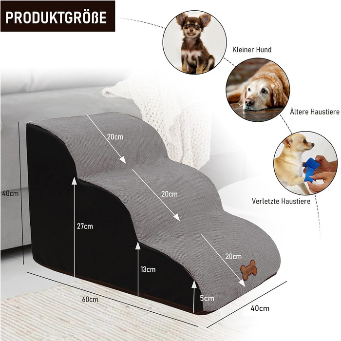 Сходинки для собак Caliyo, 2 сходинки, для маленьких собак та котів, 26 см, знімний чохол, неслизька підставка, для ліжка, дивану, авто (55×40×26см), сірий колір