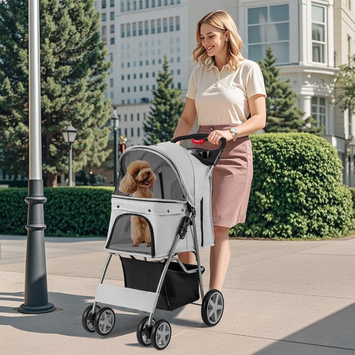 GYMAX Візок для домашніх тварин, складний, для котів/собак до 15 кг, з кошиком, дощовиком та сіткою, для маленьких тварин (сірий)
