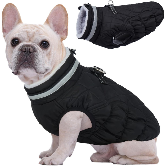 Куртка для собак Куосер, тепла зимова водонепроникна куртка для великих собак, чорна, з кріпленням для шлейки