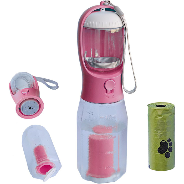 Портативна пляшка для води для собак PANJAL, 600 мл, 4-в-1, витокозахисна, без BPA, з дозатором пакетів для вигулу, відділенням для ласощів, фільтром, для прогулянок, походів, подорожей, блакитна