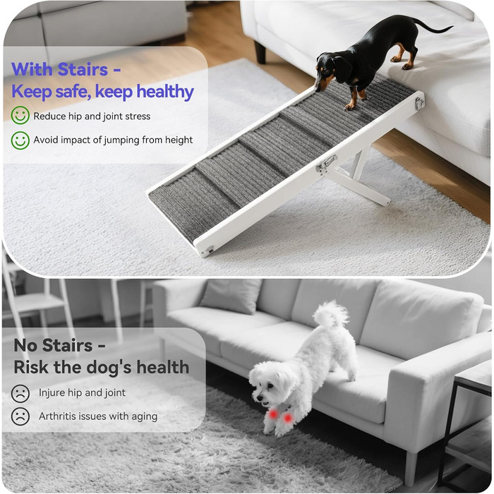 Рампа для собак Pawaboo, дерев'яна сходинка для домашніх тварин, 4 регульовані висоти (13,6'-21'), для маленьких собак та котів, з антиковзним покриттям, (80x30 см, білий)