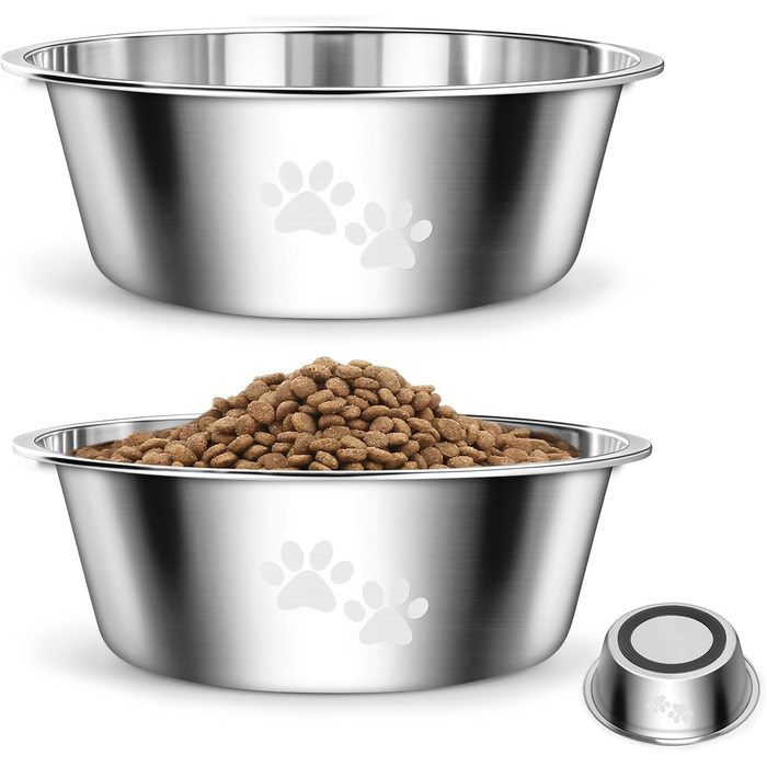 PETTOM Миски для собак з нержавіючої сталі, 2 шт. (3120 мл), миски для корму для собак великих, середніх та маленьких порід, миски для води для собак, антиковзкий силіконовий низ, розмір M - 21 см, сріблясті