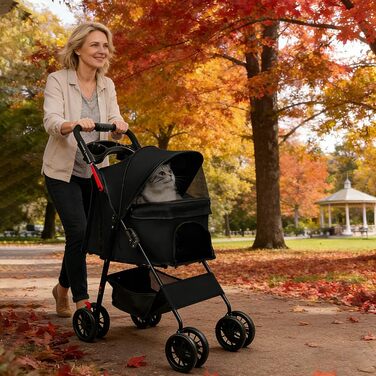 Дитяча коляска для собак та котів Homewell, складана, до 20 кг, з ременями, вантажний відсік та тримач для напоїв (Чорний)