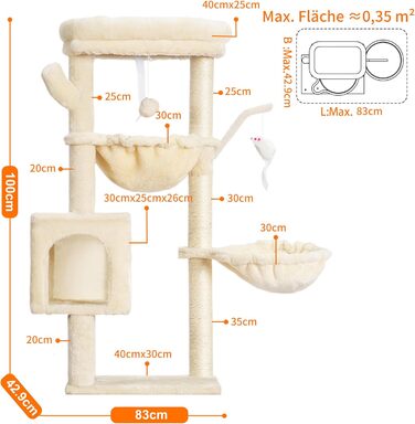 Котячий будиночок Heybly Kratzbaum: 100 см, з платформою, печерею, 2 гамаками та іграшками. Активний котячий будиночок, HCT006SW (Бежевий)