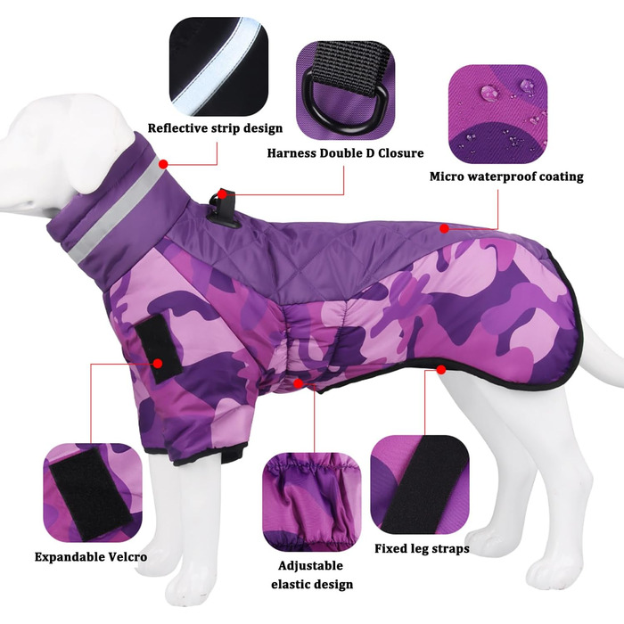 Відбиваюча куртка для собак великих порід, зимова водонепроникна тепла куртка-манта для собак, жилет для собак з D-початком для активного відпочинку, спорту та полювання (4XL, фіолетовий)