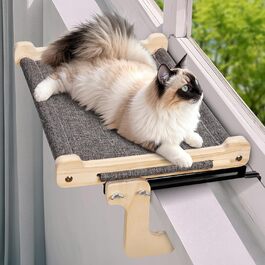 Котів гамак для вікна, лежанка для котів, міцна велика гамак для котів, дерев'яне ліжко для котів на вікно зі знімним товстим чохлом, зручне ліжко для котів на підвіконня, економне місце до 30 кг, чорний