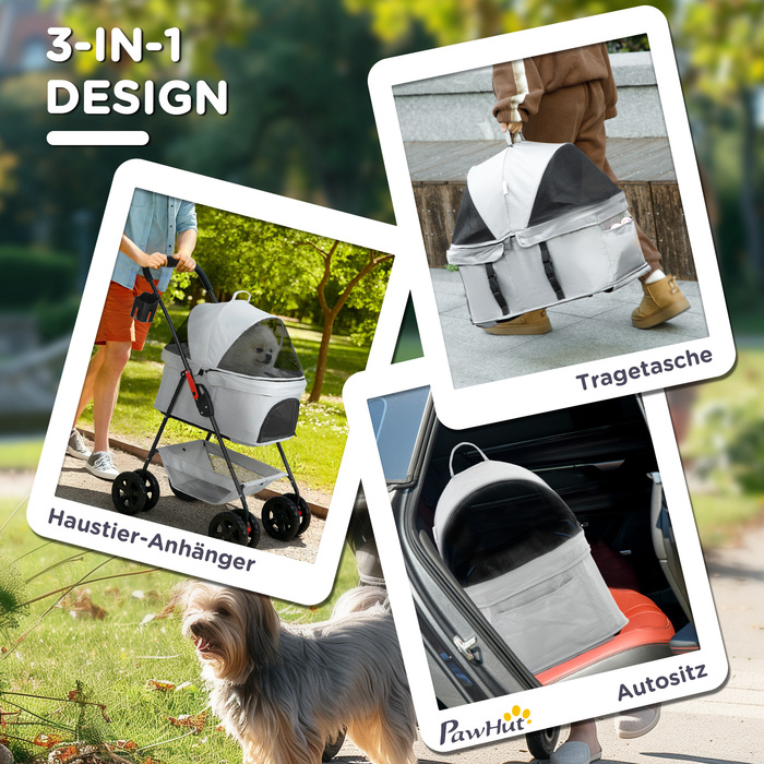 Складна коробка для собак PawHut 3 в 1 Dog Buggy Foldable Dog Box, складна транспортна сумка з підстаканником, Dog Buggy, Котяча коляска з колесами 360° Cat Buggy для міні собак до 4 кг, світло-сірий | Аосом