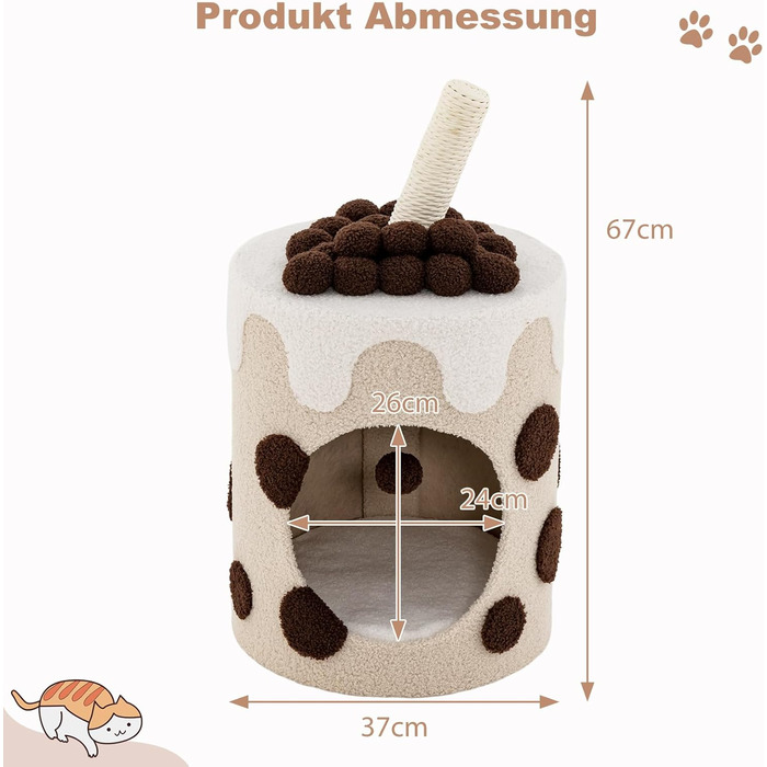 Дряпальня для котів COSTWAY Milktee, кігтеточка з сизалю з іграшками, дряпальний комплекс з будиночком, 37x37x67 см (колір кавовий)