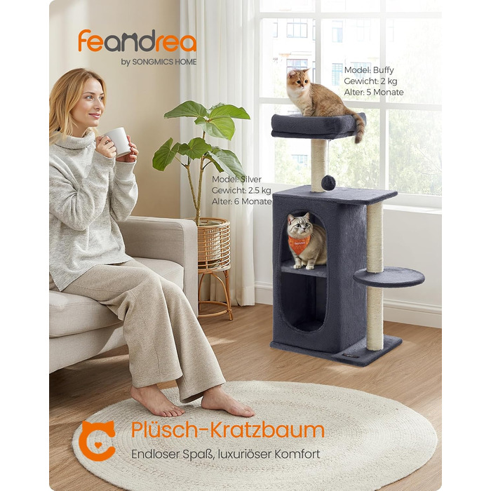 Дряпка для котів Feandrea, кігтеточка з 2 будиночками, кігтеві стовпи, для кількох котів, кошенят, сіра (PCT005G01)