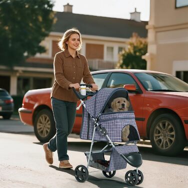 Дитяча коляска для котів та собак, 3 колеса, складний візок для тварин, 13,6 кг, з кошиком та тримачем для напоїв, в клітинку