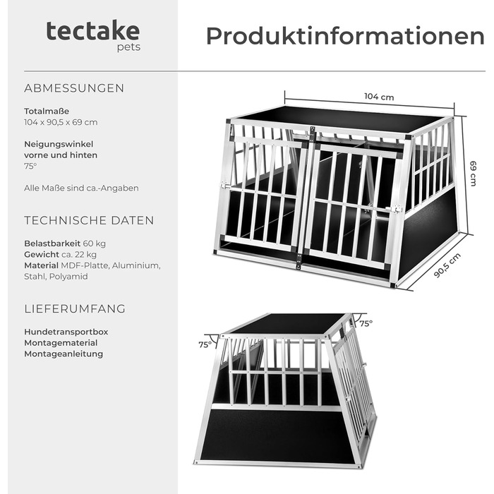 Транспортна переноска для собак tectake® - алюмінієва переноска для авто та дому, 104 x 90,5 x 69 см, з перегородкою, Double