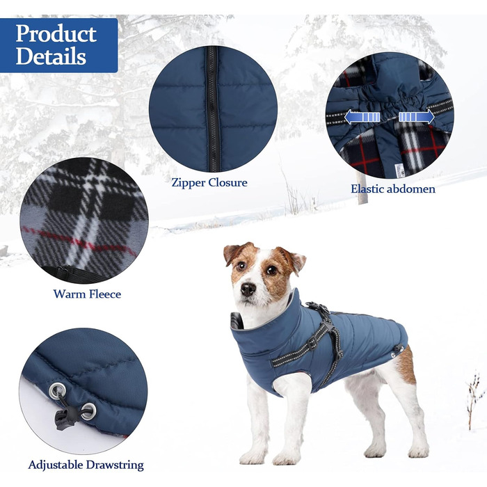 Водонепроникна куртка для собак, тепла зимова, світловідбиваюча, регульована, Marineblau, XL (довжина спини 44 см)