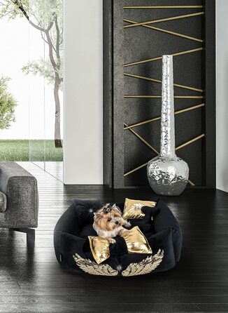 NELKE Розкішне ліжко для собак Glamour-стиль. Чорне ліжко-софа з золотими крилами для маленьких та середніх собак. Знімний, washable (можливість прання)