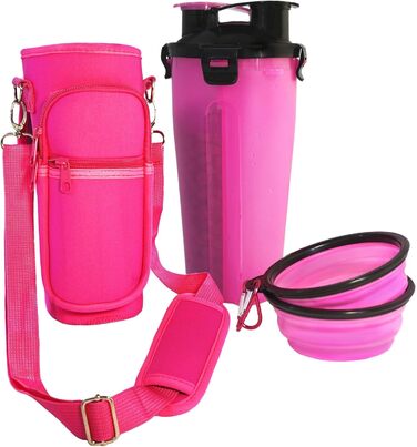 Транспортування фляга для води для собак, включаючи неопренову обгортку, миска для собак, ударостійка та стійка до подряпин, рожева