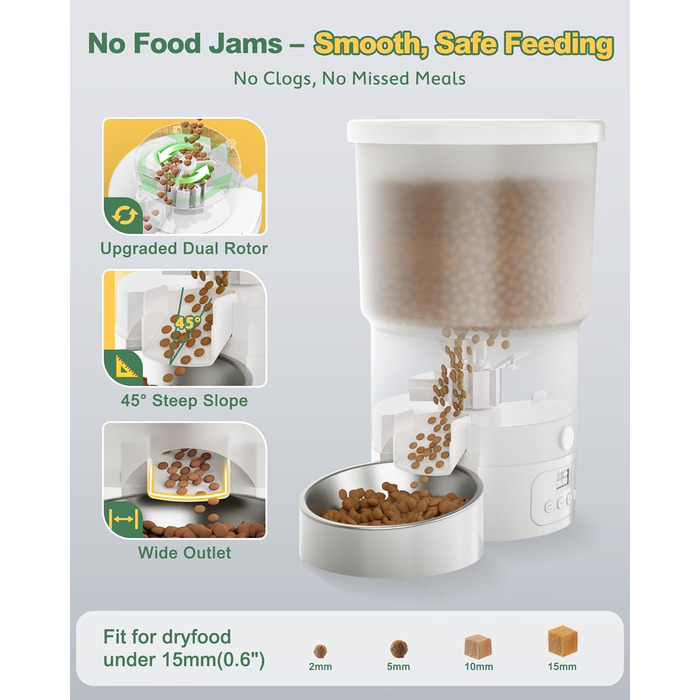 Автоматичний годівниця для котів та собак Gimars 5L з LCD-дисплеєм, 2 миски, програмування, 1-6 прийомів їжі, голосовий запис, білий колір