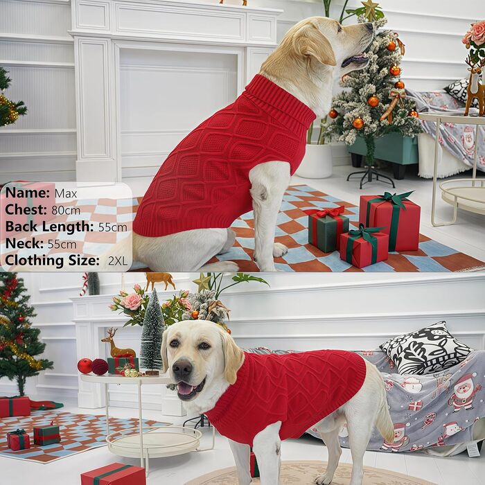 Світер для собак Konvinit, великі породи, теплий зимовий, для чихуахуа до лабрадора, XS-2XL, червоний (L: обхват грудей 53 см)