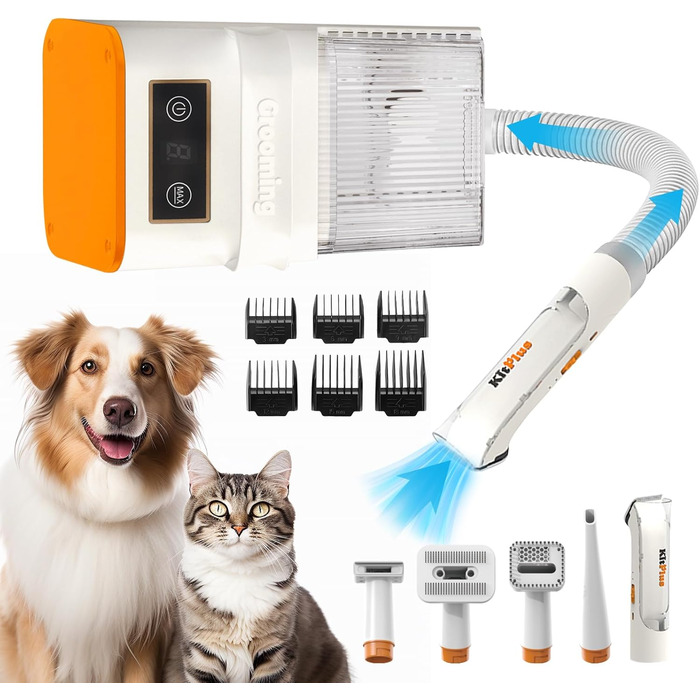 Набір для догляду за собаками Kitplus: 11 інструментів, потужність 12000 Па, LED-дисплей, об'єм контейнера 2 л