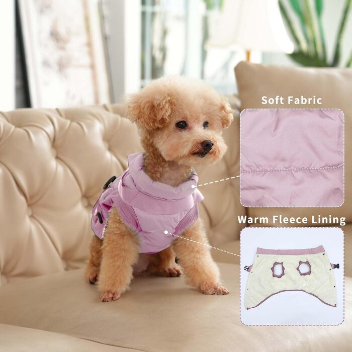 Тепла куртка для цуценят на шлейці, рожева, XS. М'яка, вітронепроникна жилетка для маленьких собак, тепла підкладка з флісу. (1 шт.)
