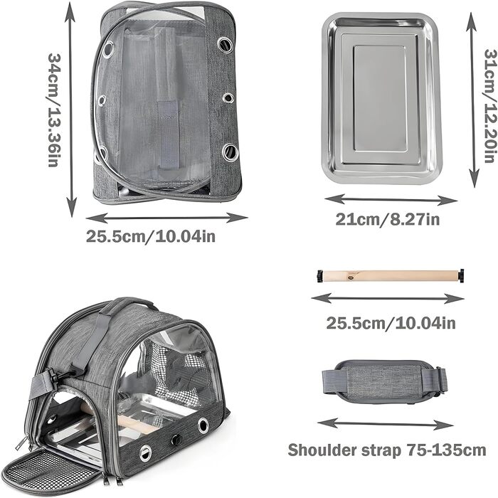 Транспортна сумка для папуг, переносна сумка для птахів з підставкою та підносом з нержавіючої сталі, легкий рюкзак для папуги, складана переносна коробка для птахів, переносна сумка для маленьких птахів, для папуг (сіра)