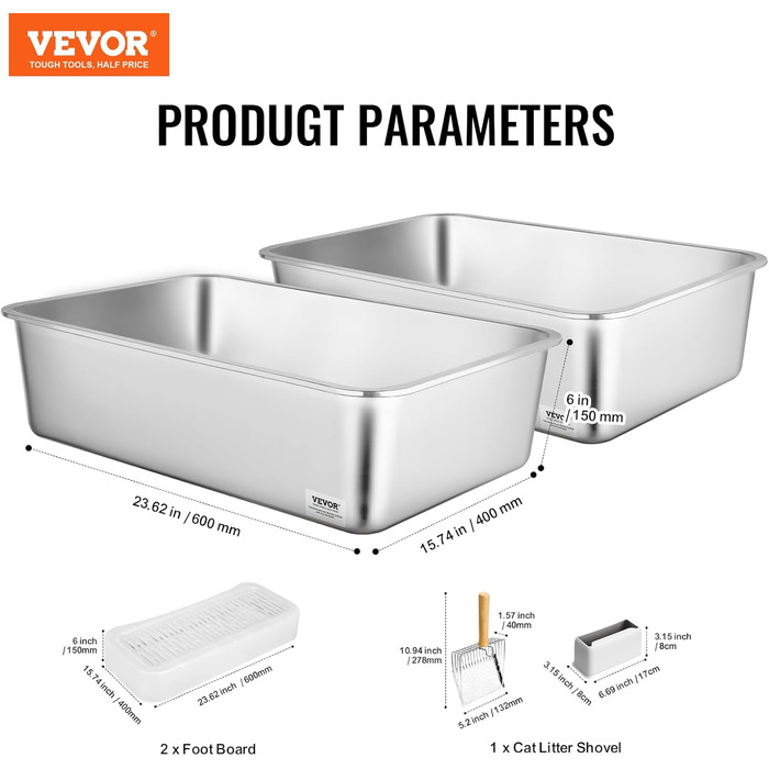 VEVOR XL котячий туалет з нержавіючої сталі, 2 шт, 60×40×15 см, з совком, широким фільтром і високим бортом, без запаху, для великих котів