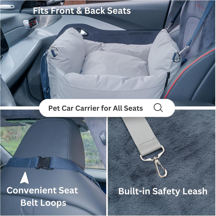 Автокрісло для собак - переноска для маленьких собак до 11,3 кг, водовідштовхувальне, з ременем безпеки, сірого кольору