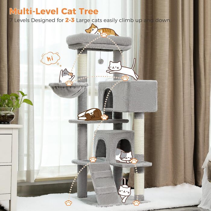 Драбина для котів PETEPELA 143 см з подушкою, кігтеточкою та двоповерховим будиночком – велика, зелена (сіра)