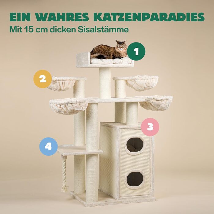 Дерево для великих котів RHRQuality Cat Paradise Plus з когтеточкою, люкс ложе, стовпи Ø15 см, кремове