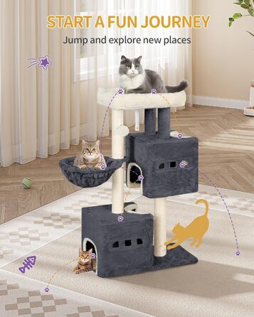 Дерево для котів Hzuaneri, 98 см, зі стійкою конструкцією, великою лежанкою, котячою печерою, сизалевими стовпчиками, кошиком та іграшками, сірий колір MS10018SG