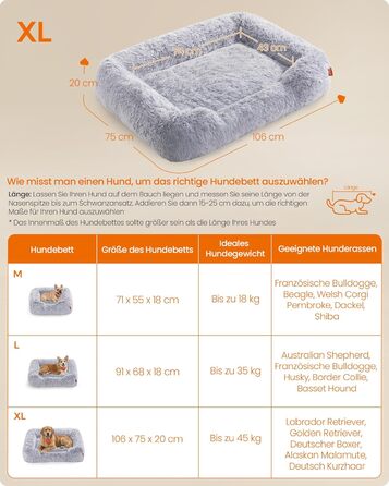 Ліжко для собак Feandrea, м'який лежак, корзина для собак, диван для собак, XL (106 x 75 x 20 см), сірий Ombré, PGW271G01