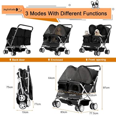 Візок для собак Joyfultails, двомісний візок для домашніх тварин та дітей, складаний візок для 2 собак та котів, двомісний переноска, візок-тандем для собак, візок для подорожей з домашніми тваринами з місцем для зберігання (Чорний)