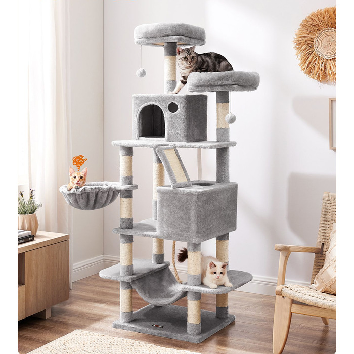 Скребниця для котів Feandrea, сіра, 161-220 см, 5 рівнів, сизаль