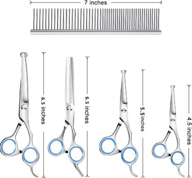 Набір професійних ножиць для грумінгу собак 9CR Edelstahl з безпечними закругленими кінцями. Комплект для стрижки та догляду за шерстю собак, котів та інших тварин. Включає ножиці для вирівнювання та розрідження шерсті, а також гребінець.