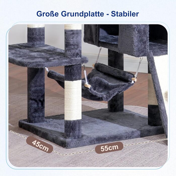 Комплекс для котів Kratzbaum GCT032W (180 см, димчасто-сірий) з 7 стовпчиками, 2 платформами, 2 печерами та 2 дошками для дряпання