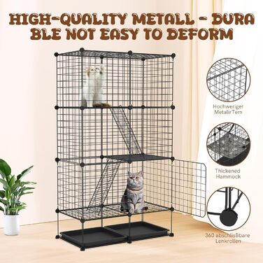 Металевий вольєр для котів UISEBRT для вулиці та дому, 3-рівневий, з знімною ванною, 2 сходинками та 3 дверима. DIY вольєр для котів як тренувальний, місце для відпочинку або вуличний вольєр