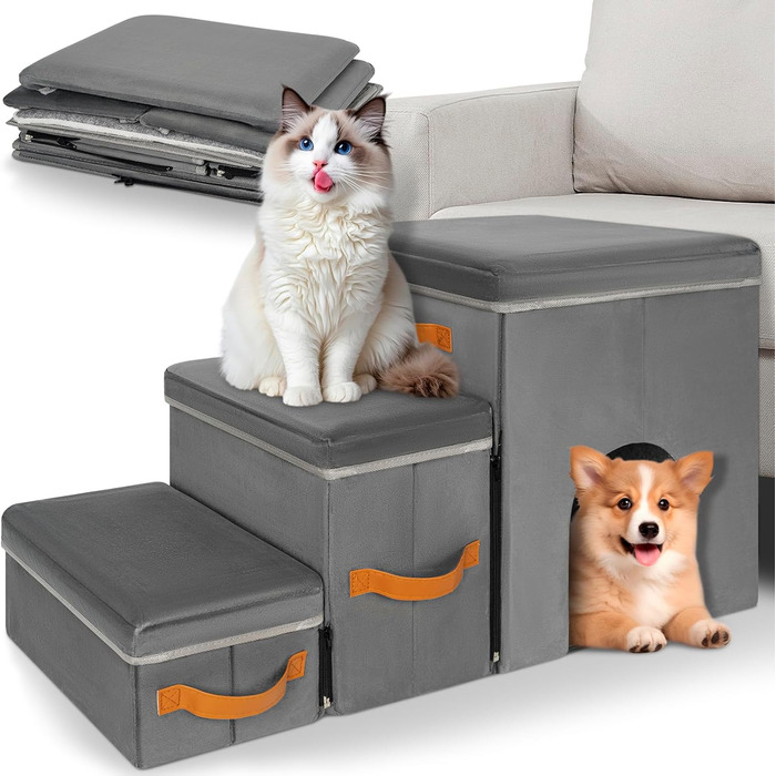 Сходинка для тварин OUUTMEE: складана сходинка для собак та котів з місцем для відпочинку, сіра (3 яруси з гніздом, 3 сходинки)