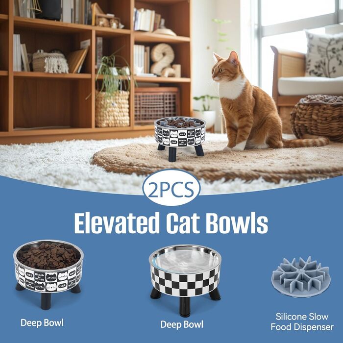 Набір мисок для котів з повільним годуванням (2 шт.) - широкі, з нержавіючої сталі, підставка з пластику та силікону. Ідеально для котів з чутливими вусиками. Фідер для води та корму.