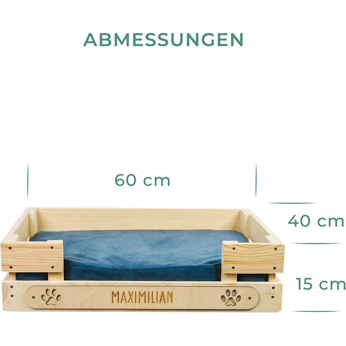 Персоналізоване ліжко для котів LAUBLUST з іменем - гравіювання лапок та імені - диван-ліжко для великих та маленьких котів | Диван-софа для кота - лежанка-платформа з дерева з подушкою | приблизно 60x40x15 см, коричневий (з блакитною подушкою)