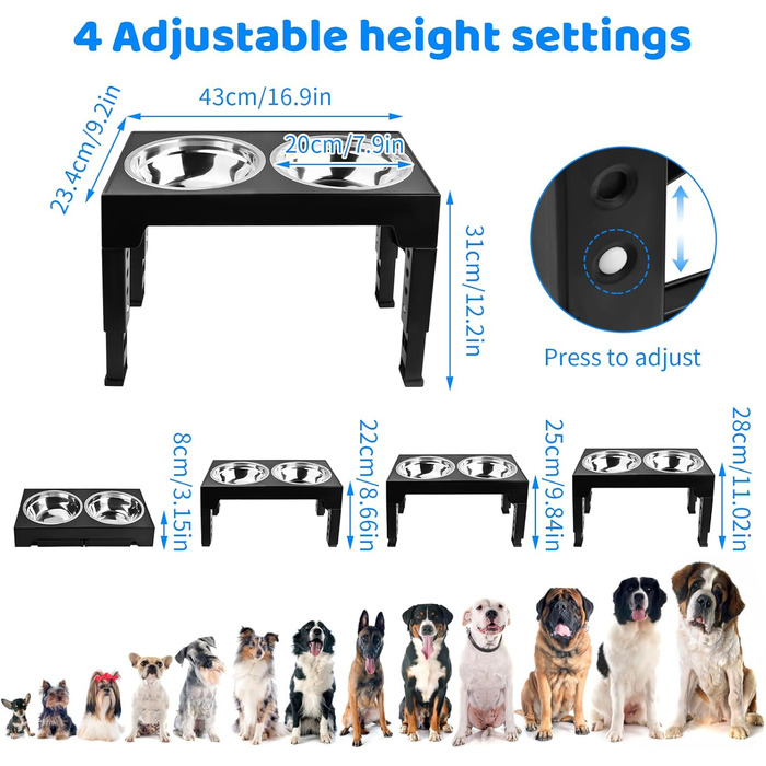 Підвищена годівниця для собак та котів, складна, регульована по висоті, для маленьких, середніх та великих порід