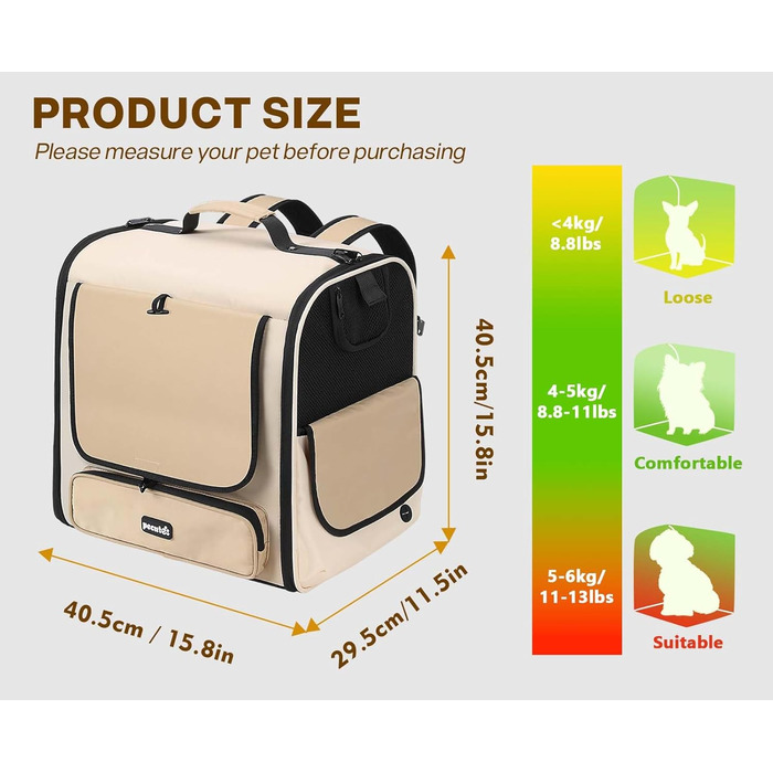 Pecute Рюкзак-переноска для котів та маленьких собак, Khaki. Зручний, вентильований, для подорожей та активного відпочинку