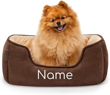 Ліжко для собак Lionto 2-в-1 з м'яким входом, зручне домашнє ліжко для тварин, що перевертається, для собак та котів, 110x80 см, подушка для собак з легкою у догляді оксамитовою обробкою, (Д 60 x Ш 50 x В 22 см (з нанесенням імені), Коричневий/Бежевий)