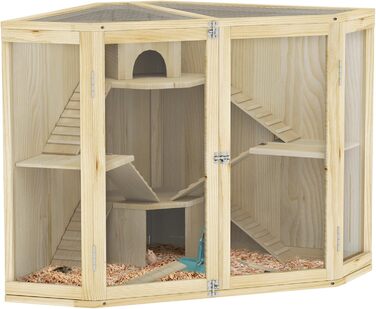 Клітка для хом'яків PawHut з дерева, 4 рівні, будиночок, гойдалка, годівниця, рампи, клітка для дрібних тварин, підходить для хом'яків та мишей, 115 x 69,5 x 79 см