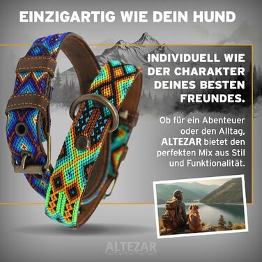 Шкіряний нашийник для собак ALTEZAR, коричнева яловича шкіра, вишивка у стилі трайбл, синьо-коричнево-бежевий, ручна робота з Мексики, розмір S, для маленьких собак