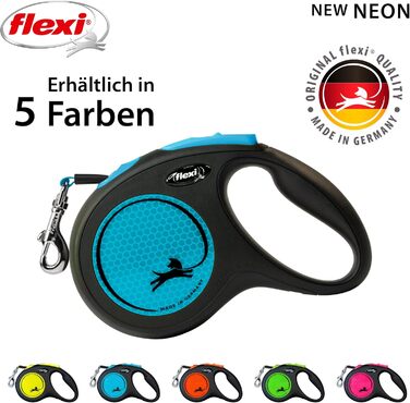 Льокрово-світловідбиваючий поводок для собак Flexi Neon M, 5 м, чорний/неоновий синій
